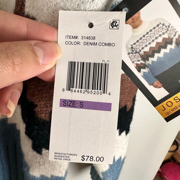 NWT Joseph A Fair Isle Mock Neck Sweater Blue Denim Combo Size Small - Picture 6 of 9